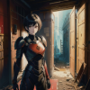 ImgCreator.ai Female, short hair, black hair with parts dyed red, light armor, black armor, re...png