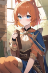 fantasy adventure merchant cat girl older short orange hair blue eyes curious wo s-378083934.png