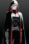 _male focus, hood down, hood, hood up, android, robe, cloak, fantasy, red eyes, grey hair, rob...png